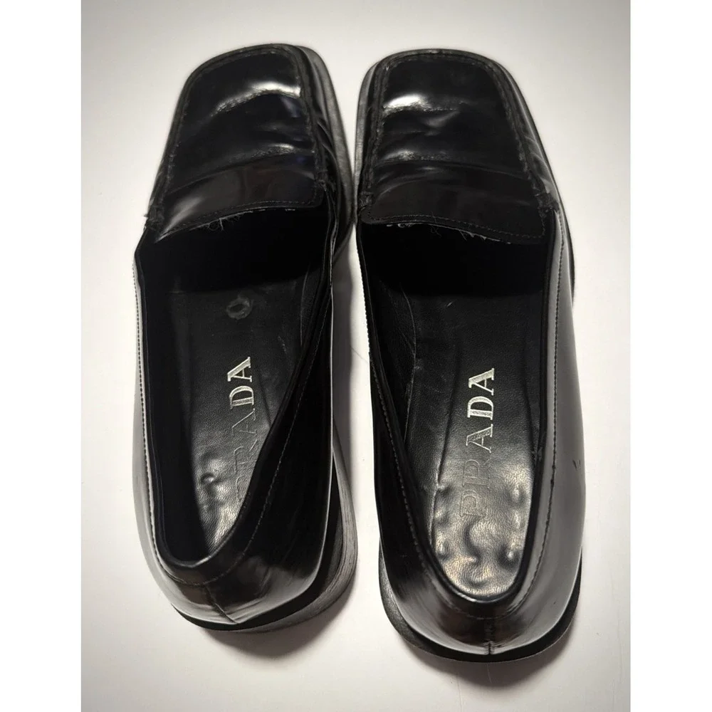 PRADA Square-Toe Loafer Casual Pumps Block Heel Black Size 6.5 - Picture 1 of 7